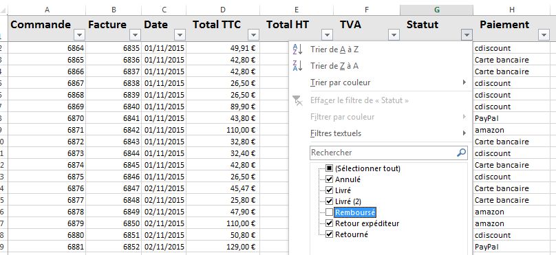 Exemple de filtres sous Excel