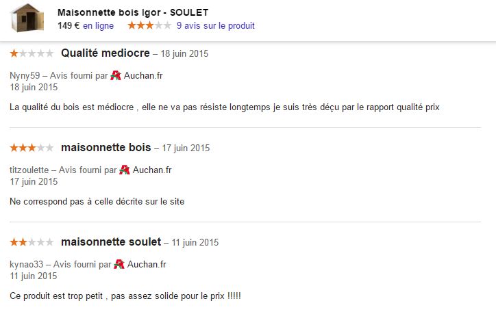 Extrait avis maisonette Soulet Igor vendu chez Auchan